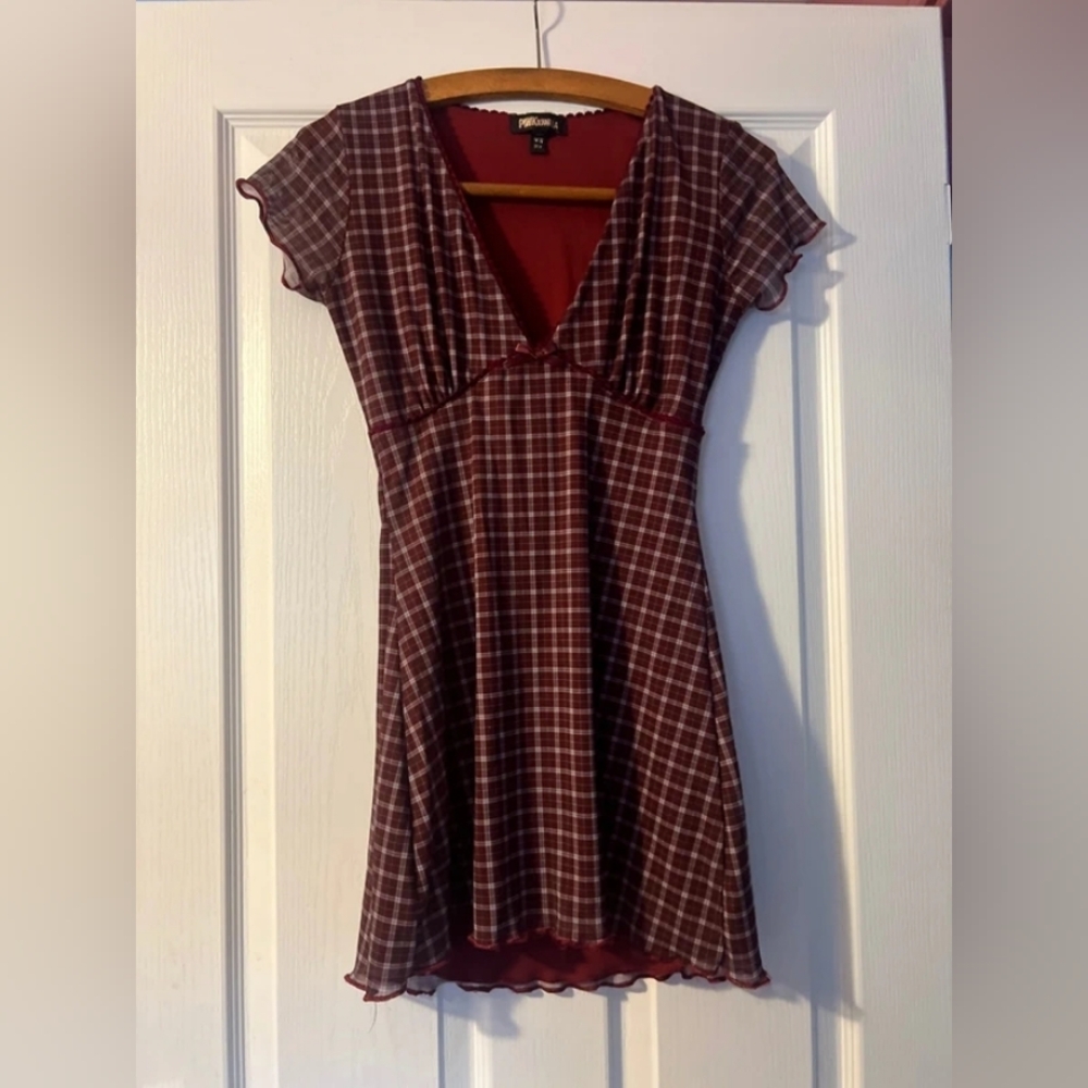 Forever 21 Burgundy Plaid V-Neck Skater Dress